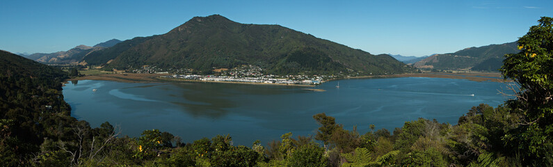 Naklejka premium View of Havelock from Cullen Point Lookout on Queen Charlotte Drive,Marlborough Region on South Island of New Zealand 