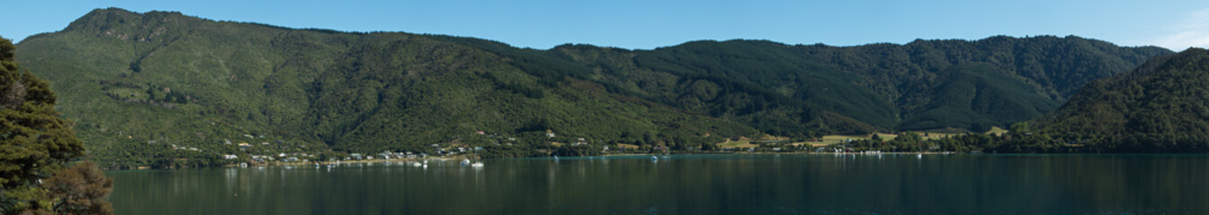 Fototapeta na wymiar View of Okiwa Bay from Groves Arm Jetty on Queen Charlotte Drive,Marlborough Region on South Island of New Zealand 