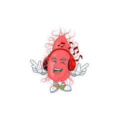 Cartoon mascot design escherichia enjoying music with headset