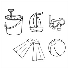  Doodle sketch ball, bucket, swimming mask and toy boat. Illustration of items for the beach 