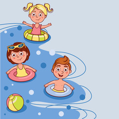  Simple flat illustration children in lifebuoys are swimming in the sea, pool. Doodle sketch on a white background.