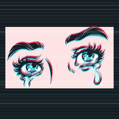 Vector hand drawn illustration of crying eyes. Digital glitch effect.