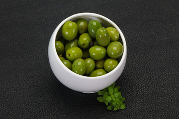 Green Campo Real olives in the bowl