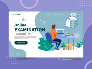 Student do online examination, e-learning landing page concept. Business worker work from home. Male with computer illustration concept. Vector