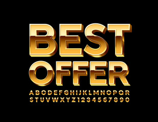 Vector Golden sign Best Offer. 3D Premium Font. Luxury Alphabet Letters and Numbers
