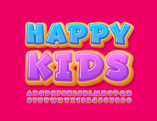 Vector bright emblem Happy Kids with creative tasty Font. Donut Alphabet Letters and Numbers