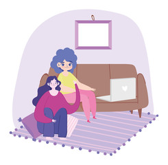 working remotely, young women with laptop on sofa and floor cartoon