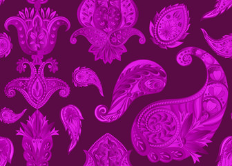 Seamless pattern, background with traditional paisley. Floral vector illustration in damask style. Vector illustration in black and ultravaiolet color..