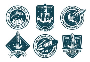Retro space badges set. Astronaut emblems with launch rocket vintage pack. Vector illustration. © Agor2012