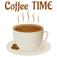 Coffee time illustration vector. A design consisting of coffee cup and beans on isolated white background. Printable Eps 10 file format.