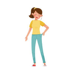 Woman Character Standing with Loose Fitting Jeans Vector Illustration