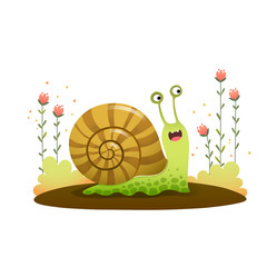Vector illustration cute cartoon snail crawling in the garden on white background. © kankhem
