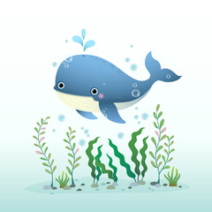 Vector illustration cute cartoon blue whale swimming underwater with seaweed.