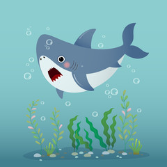 Vector illustration cute cartoon shark swimming underwater in the blue ocean.