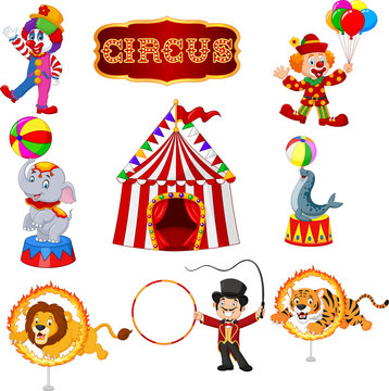 Set of circus cartoon artists and animals