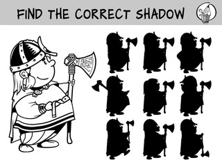 Little viking with big axe. Find the correct shadow. Educational matching game for children. Black and white cartoon vector illustration