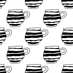 Black and white illustration of tea cups or coffee mugs. Seamless pattern for coloring book, page.
