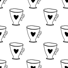 Black and white illustration of tea cups or coffee mugs. Seamless pattern for coloring book, page.