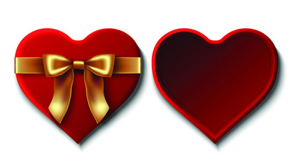 3d realistic vector red velvet candy open box with golden bow in heart shape. Top view with bottom and cover. Isolated illustration icon.