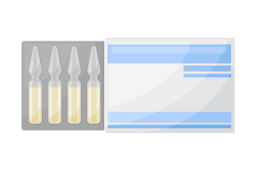 Glass Medical Ampoules or Ampuls in Carton Package as Pharmaceutical Drug or Medication Vector Illustration