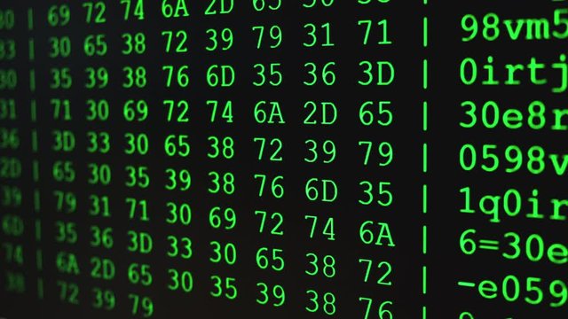 Program HEX code on scientific device screen, green text ASCI information, 4K UHD video