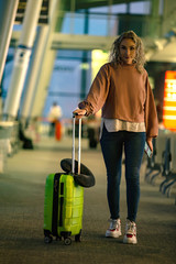 Sexy blonde at the airport with a boarding pass and a suitcase