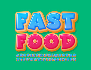 Vector tasty sign Fast Food with Donut Font. Blue Cake Alphabet Letters and Numbers