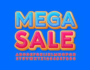 Vector sweet poster Mega Sale. Pink Glazed Font. Donut Cake Alphabet Letters and Numbers