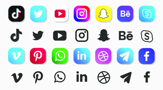 Set of most popular social media logos printed on paper: Facebook, Instagram, Twitter, Snapchat, WhatsApp, Messenger, Viber, Google Plus, YouTube.