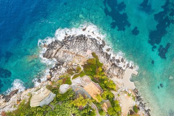 Aerial drone view of Paliouri Beach in Kassandra Sithonia penisula  Chalkidiki Greece

