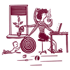drawing picture a young mother working remotely from home on freelance, and the child is playing nearby, multitasking, comic hand-drawn digital vector illustration. good for illustrating articles and 