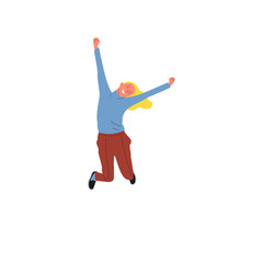 Cheerful caucasian girl is jumping in joy. Isolated on white background. Flat style vector illustration.