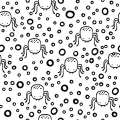 Background texture with spiders. Halloween pattern. Vector seamless texture with insects. Children's cute style. Round shapes.