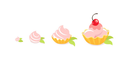 Cakes sizes. Dessert reward. Pastry fancy cake with a cherry. Development stage. Animation progression. Vector Isometric infographic illustration.
