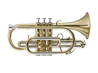 Golden Cornet, Cornets, Brass Music Instrument Isolated on White background