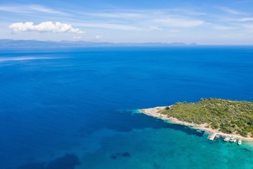Aerial drone view of Paliouri Beach in Kassandra Sithonia penisula  Chalkidiki Greece
