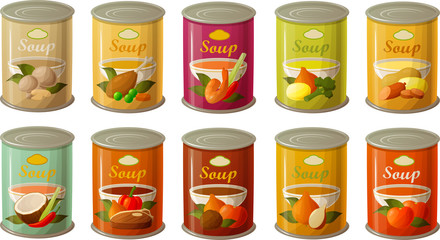 Vector illustration of various fast food pantry soup cans isolated on white background.