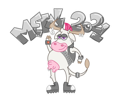 Happy cartoon metal music smiling cow with mohawk hairstyle