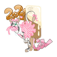 Happy cartoon smiling cow in cute dotted dress duncing near great ice-cream