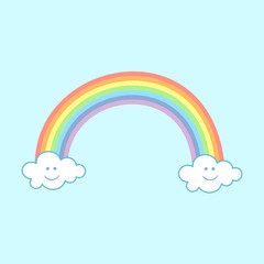 Rainbow with cloud isolate on blue background.