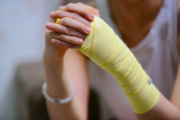 Sterile bandage. Medical bandage roll. Roll of bandage for broken bone or release pain.