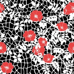 Red rose on a black giraffe background. Seamless vector pattern.