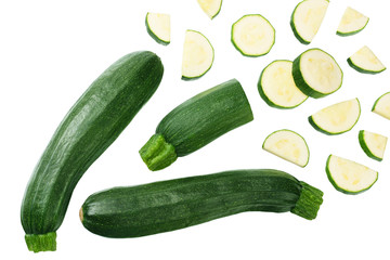 fresh green zucchini with slices isolated on white background. top view