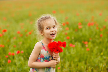 Beautiful child picking flowers in poppy field