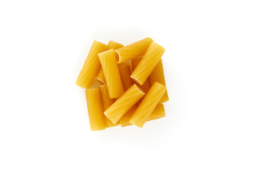 Italian raw dry pasta rigatoni isolated on white background. top view