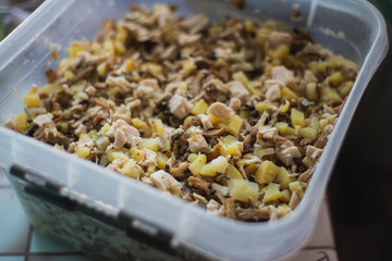 salad with potatoes and mushrooms with sauce