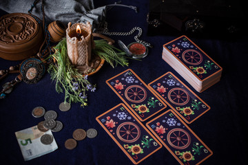  Magic for attracting money, rituals and fate prediction, details on a table of witch, occultism concept
