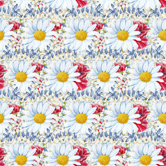 hand painted daisies and poppies in a seamless pattern design