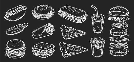 Vector set of fast food. Vector illustration in sketch style.