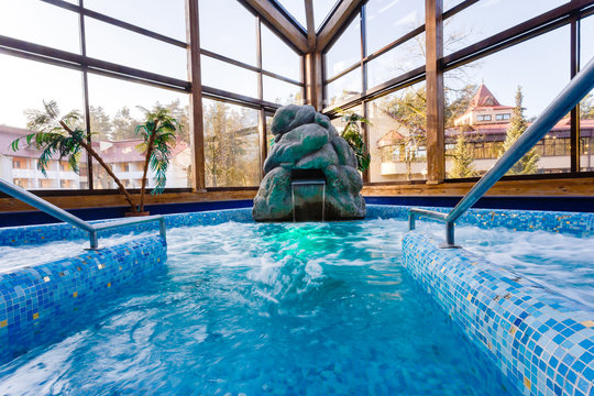 indoor sauna with large windows
